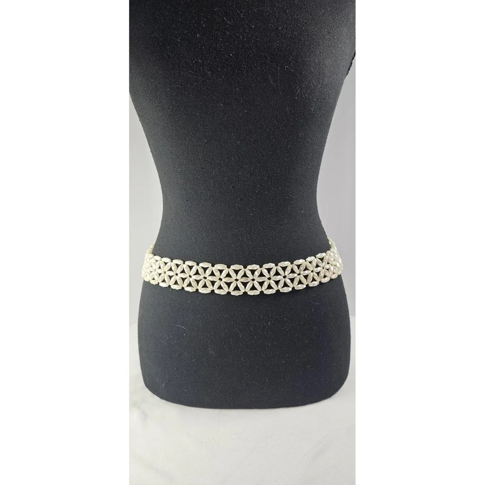 Vintage Faux Pearl Floral‎ Link Belt Gold Chain Adjustable Retro Glam Chic 26